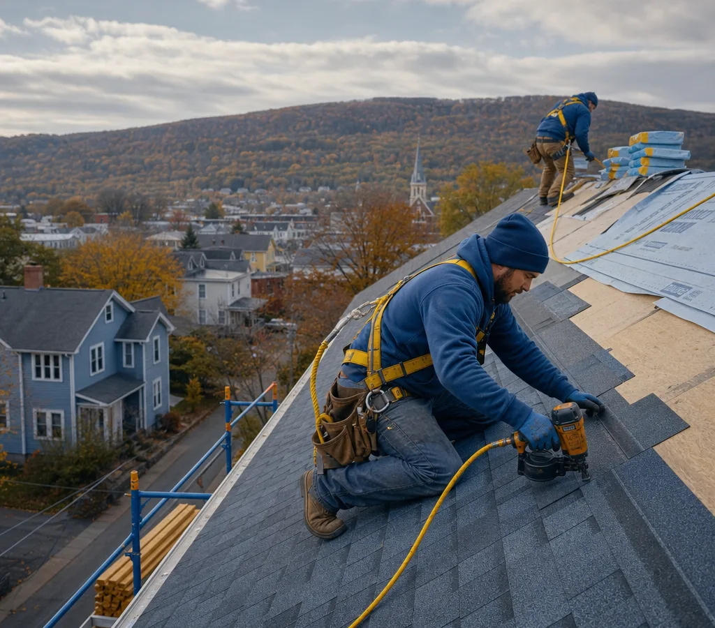 Roofing crew installing asphalt shingles with fall protection in a Pottsville neighborhood