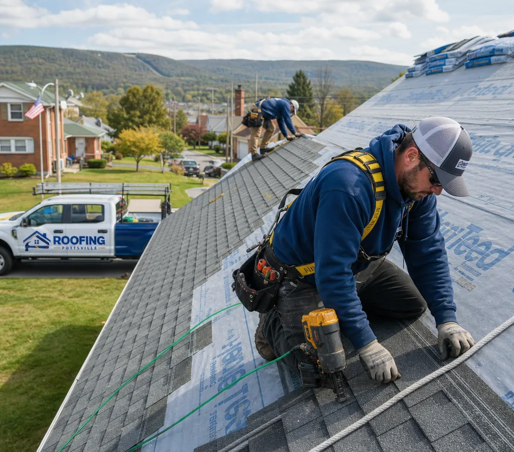 Roofing crew installing asphalt shingles with fall protection in a Pottsville neighborhood