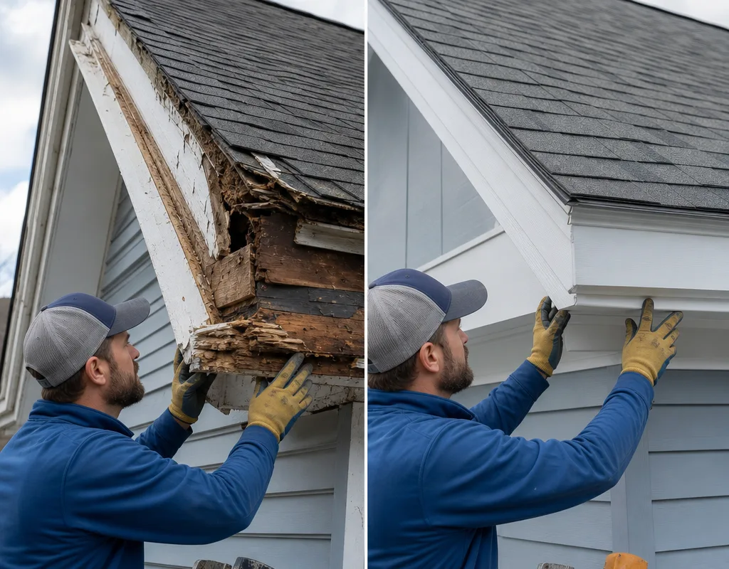 Before-and-after exterior repair with replaced trim and sheathing, sealed joints, and improved finish lines