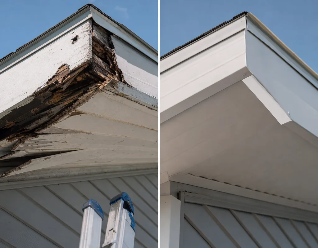 Before-and-after exterior repair with replaced trim and sheathing, sealed joints, and improved finish lines