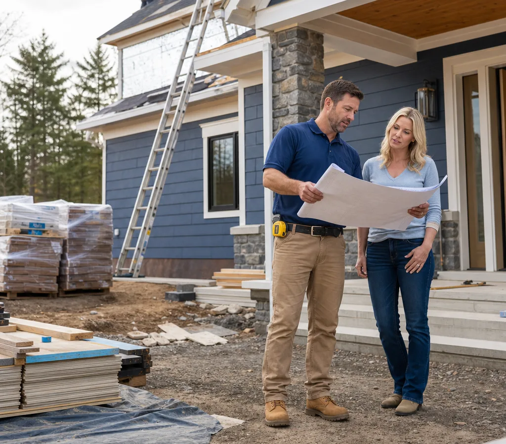 General contractor reviewing residential project plans with a homeowner at a Pottsville jobsite