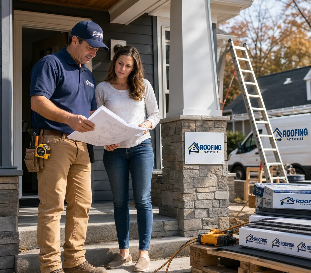 General contractor reviewing residential project plans with a homeowner at a Pottsville jobsite