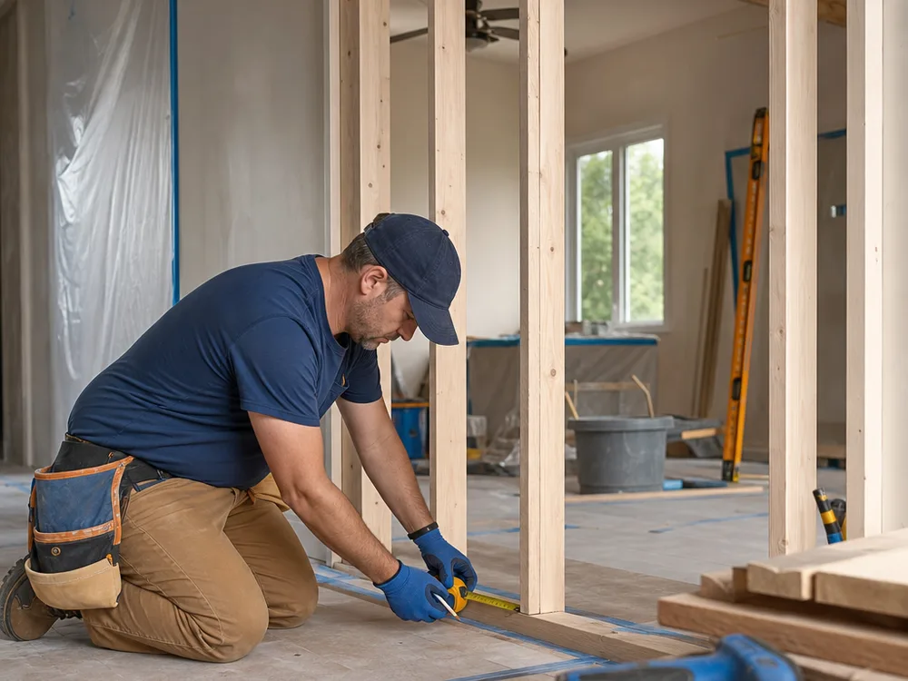 Protected interior renovation with staged materials and a contractor marking framing for a new opening
