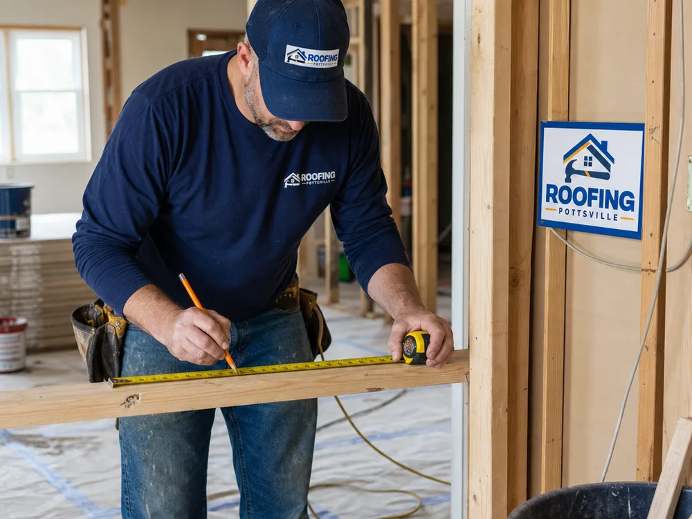 Protected interior renovation with staged materials and a contractor marking framing for a new opening