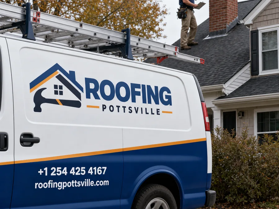 Roofer inspecting chimney flashing and shingle condition with a clipboard and camera