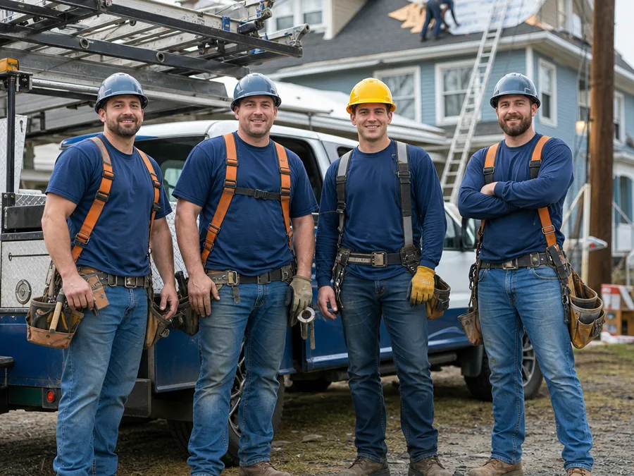 Roofing Pottsville crew in safety gear beside their work truck at a job site