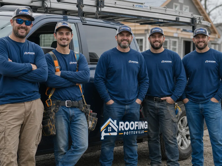 Roofing Pottsville crew in safety gear beside their work truck at a job site